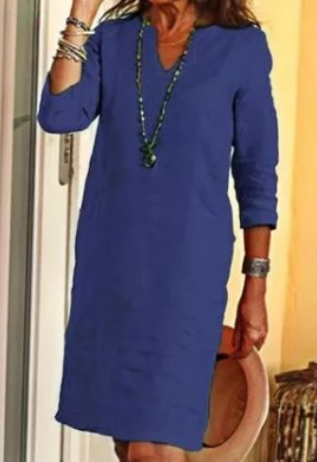 V-Neck Short Sleeve Relaxed Midi Dress – Navy