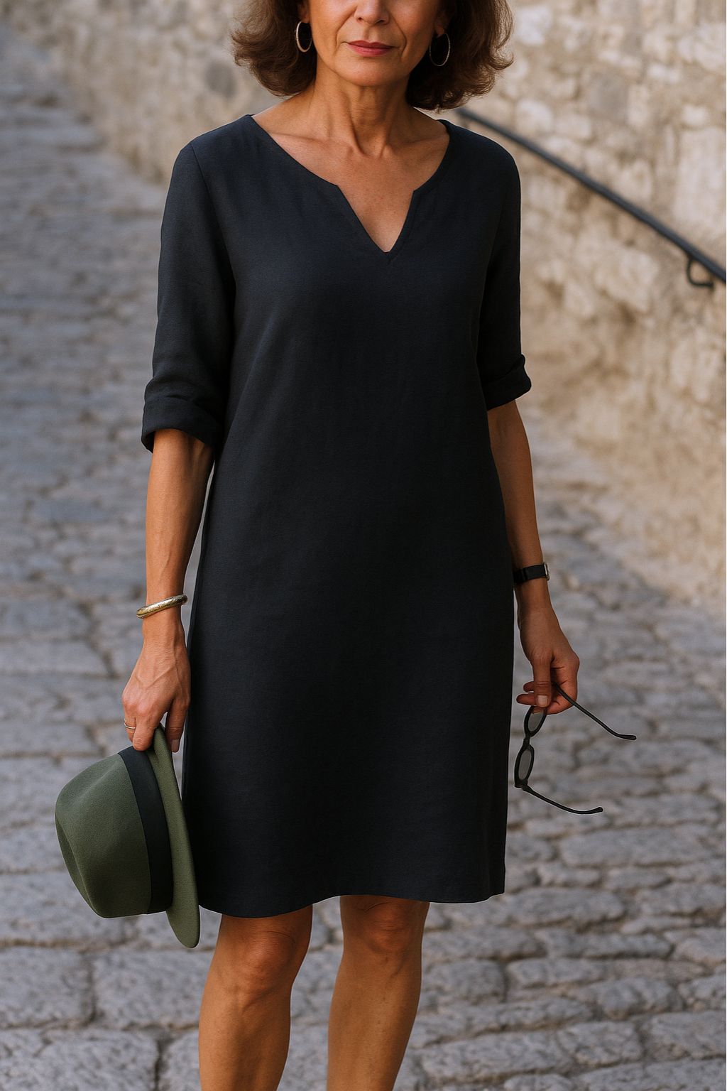 V-Neck Short Sleeve Relaxed Midi Dress – Black