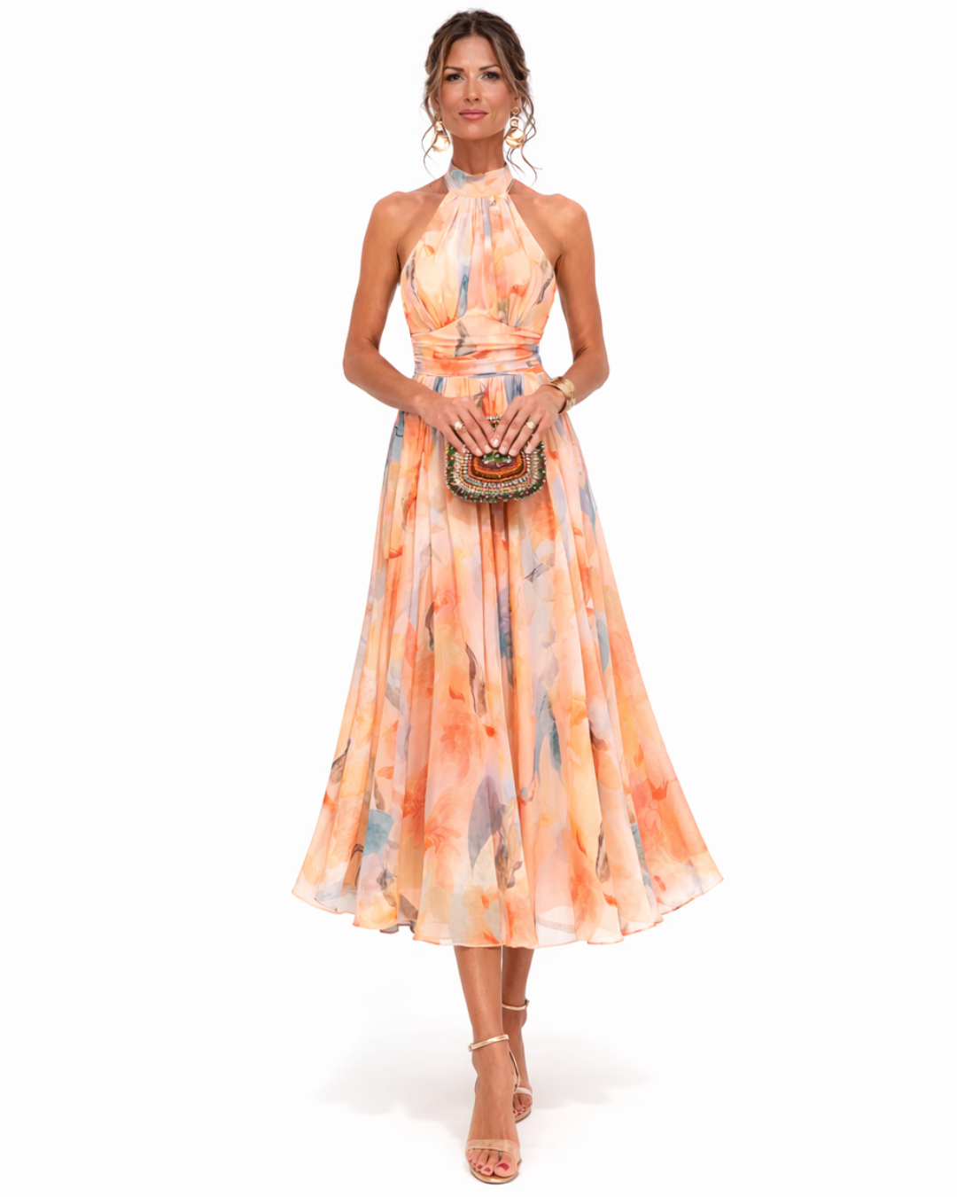 Watercolour Print Halter Neck Maxi Dress