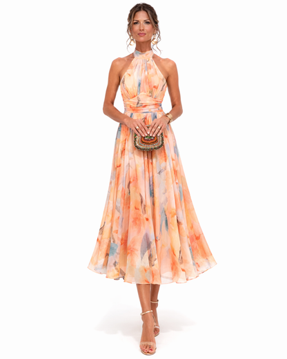 Watercolour Print Halter Neck Maxi Dress