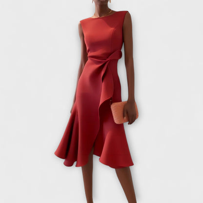 Draped Asymmetric Sleeveless Midi Dress – Red