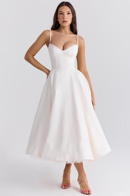 Satin Tulle Skirt Midi Dress with Pockets – White