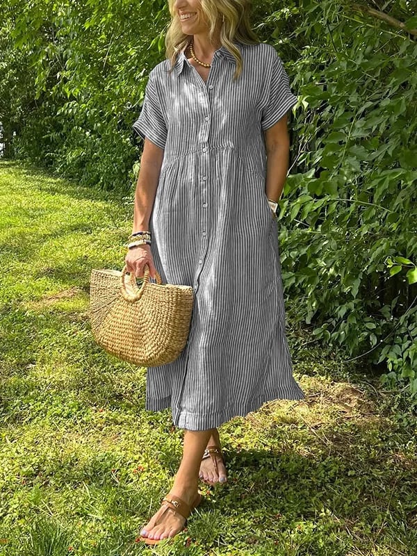 Striped Lapel Collar Button Shirt Dress – Grey