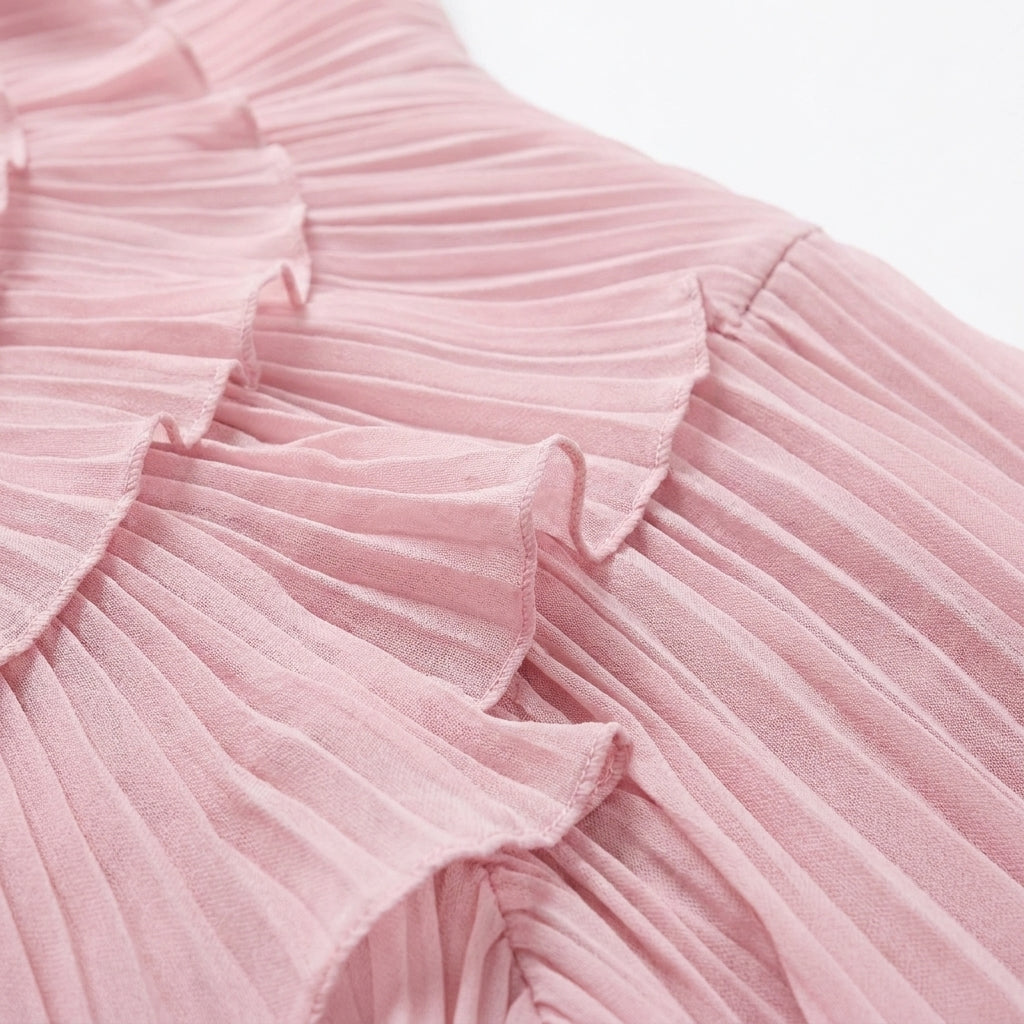 Asymmetric Ruffle Pleated Halter Maxi Dress in Pink – close-up of the pleated ruffles