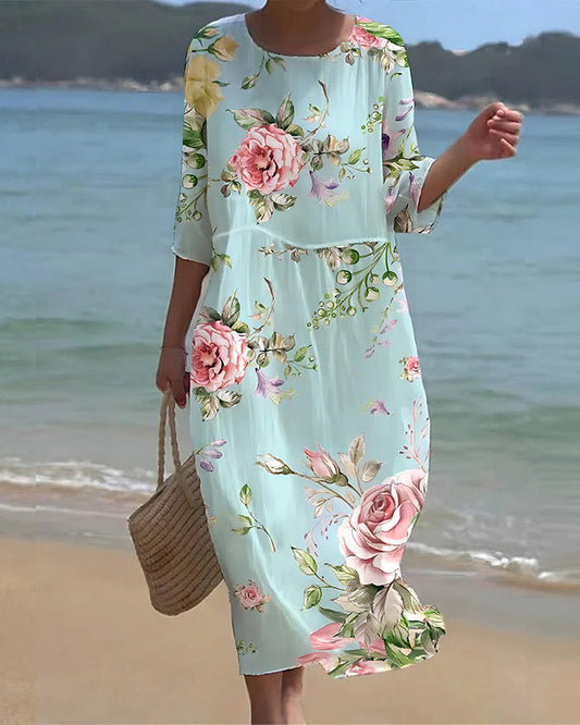 Floral Print 3/4 Sleeve Midi Dress – Blue