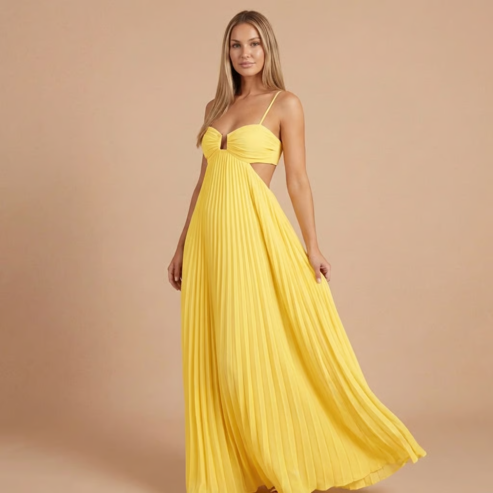 Pleated Halter Cut-Out Maxi Dress in Yellow – front view