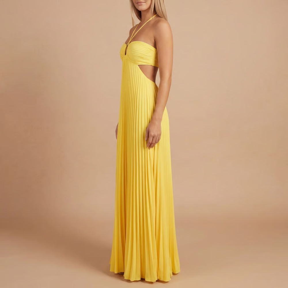 Pleated Halter Cut-Out Maxi Dress in Yellow – side view