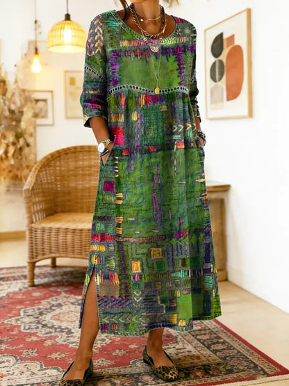 Ethnic Print Patchwork Maxi Dress – Green