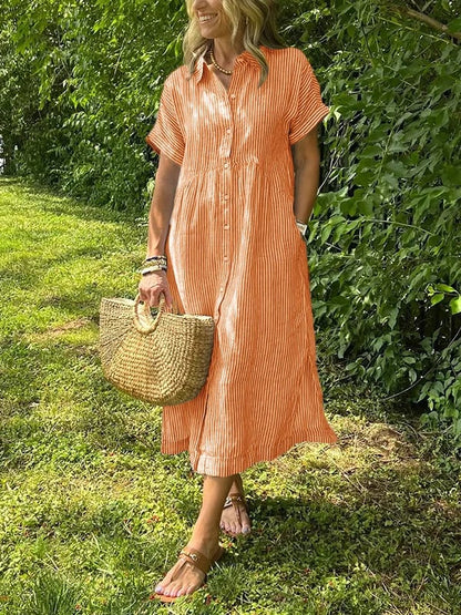 Striped Lapel Collar Button Shirt Dress – Orange