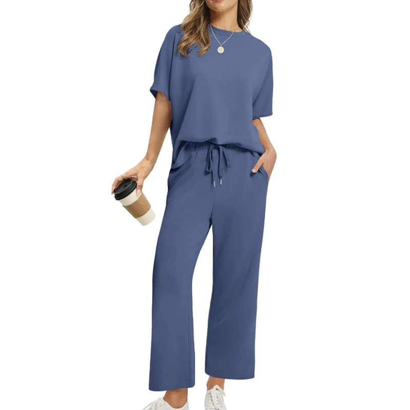Half Sleeve Top and Drawstring Pants Set – Dark Blue