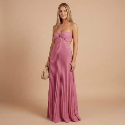 Pleated Halter Cut-Out Maxi Dress in Pink – front view