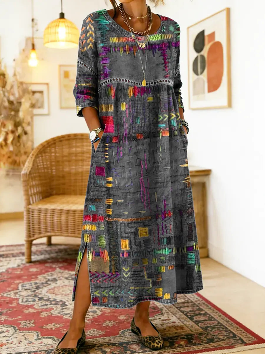 Ethnic Print Patchwork Maxi Dress – Grey