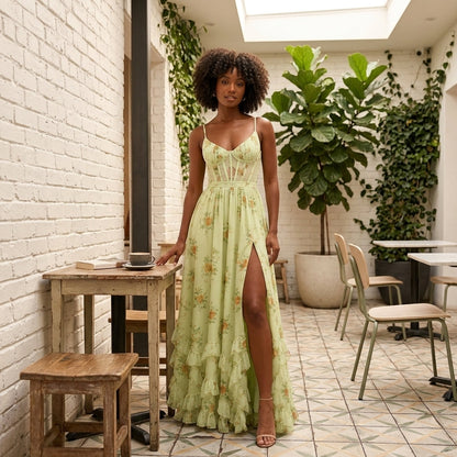 Floral Corset Maxi Dress with Ruffle Hem in Green – lifestyle shot in a courtyard