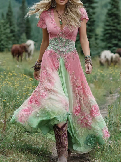 Floral V-Neck Short Sleeve Cotton Maxi Dress – Pink