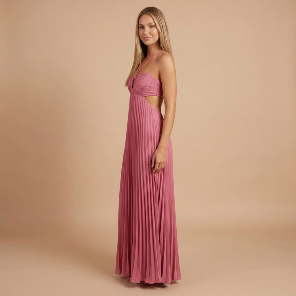 Pleated Halter Cut-Out Maxi Dress in Pink – side view showing waist cut-out