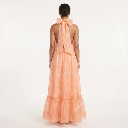 Orange Print Halter Maxi Dress – back view showing bow tie and open back