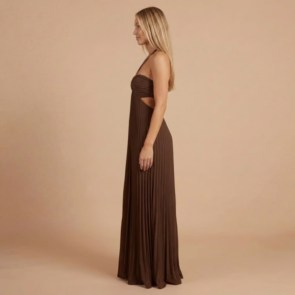 Pleated Halter Cut-Out Maxi Dress in Dark Brown – side view