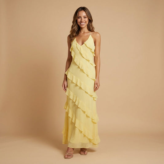 Yellow Tiered Ruffle Maxi Dress – front view, full length