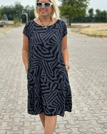 Printed Cotton Flutter Sleeve A-Line Midi Dress – Black