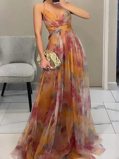Watercolour Floral V-Neck Maxi Dress in Orange – front view, full length with clutch