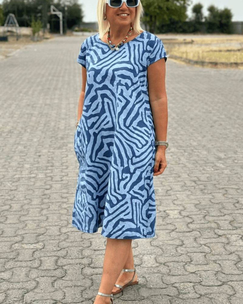 Printed Cotton Flutter Sleeve A-Line Midi Dress – Blue