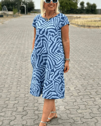 Printed Cotton Flutter Sleeve A-Line Midi Dress – Blue
