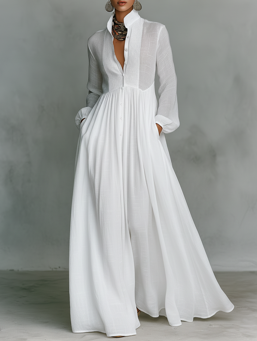 White High Collar Long Sleeve Maxi Dress – White