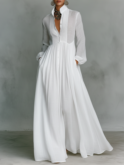 White High Collar Long Sleeve Maxi Dress – White