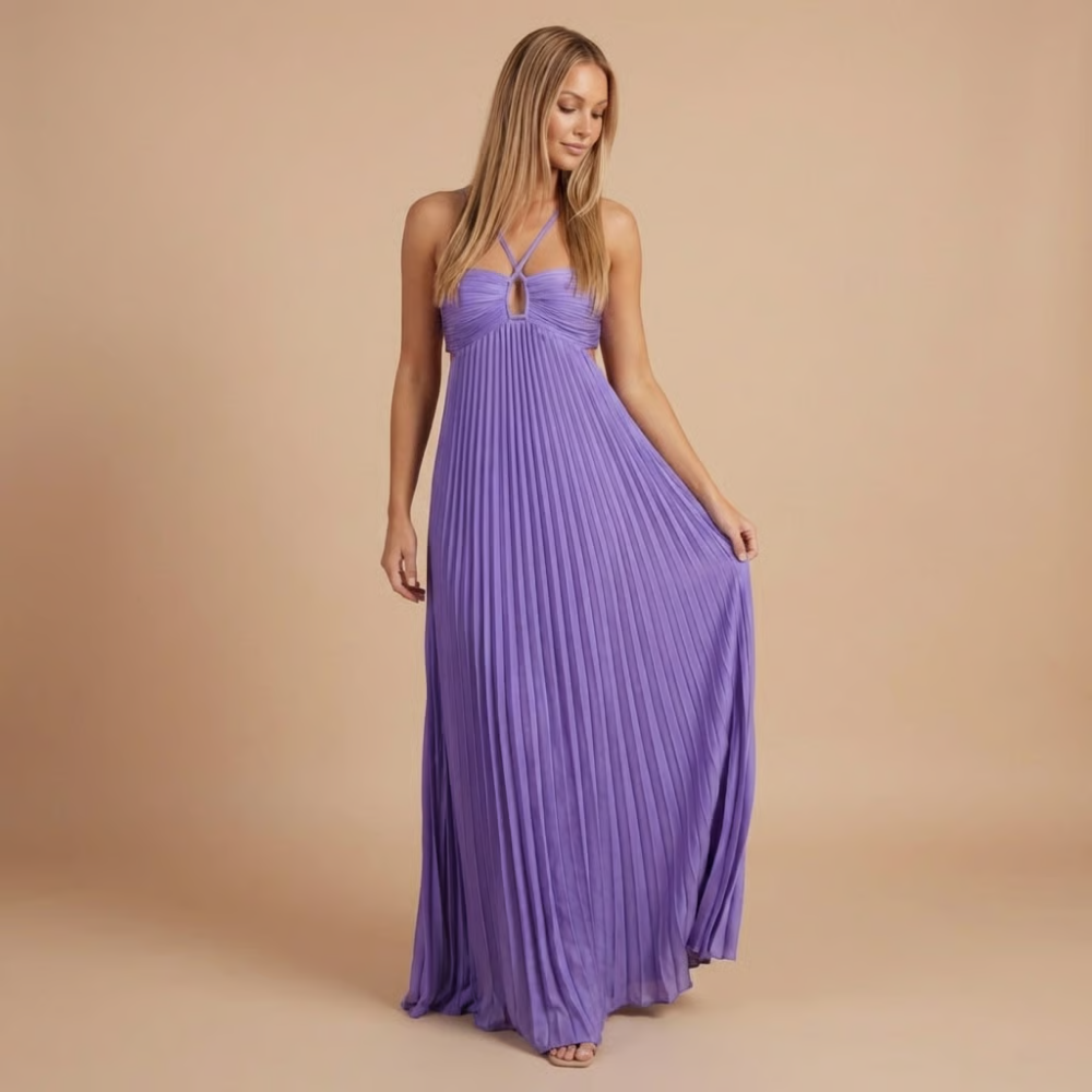 Pleated Halter Cut-Out Maxi Dress in Purple – front view