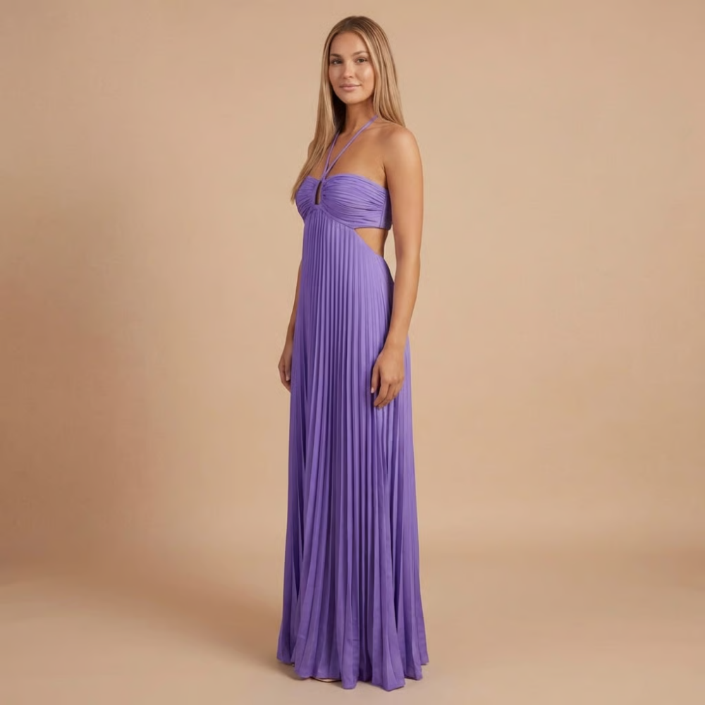 Pleated Halter Cut-Out Maxi Dress in Purple – side view showing waist cut-out
