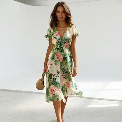 Green Floral Flutter Sleeve Midi Dress – front view, full length