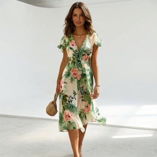 Green Floral Flutter Sleeve Midi Dress – front view, full length