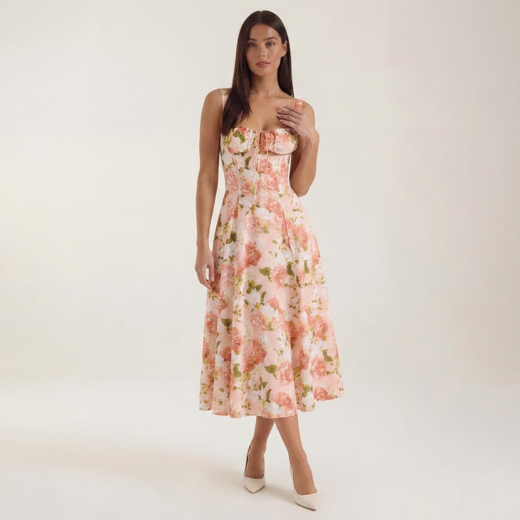 Floral Lace-Up Sweetheart Midi Dress in Orange – front view, full length