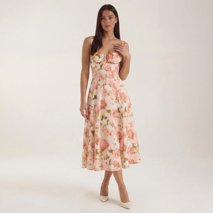 Floral Lace-Up Sweetheart Midi Dress in Orange – front view, full length
