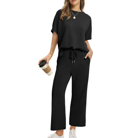 Half Sleeve Top and Drawstring Pants Set – Black