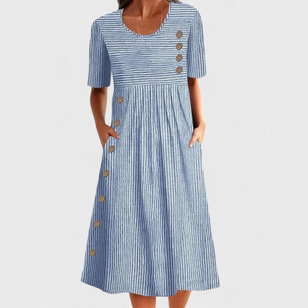 Striped 3/4 Sleeve Midi Dress – Blue
