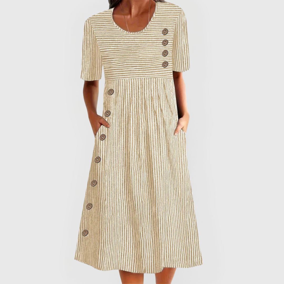 Striped 3/4 Sleeve Midi Dress – Beige