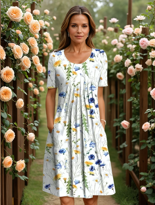 Floral Pleated A-Line Midi Dress with Pockets – Yellow Floral