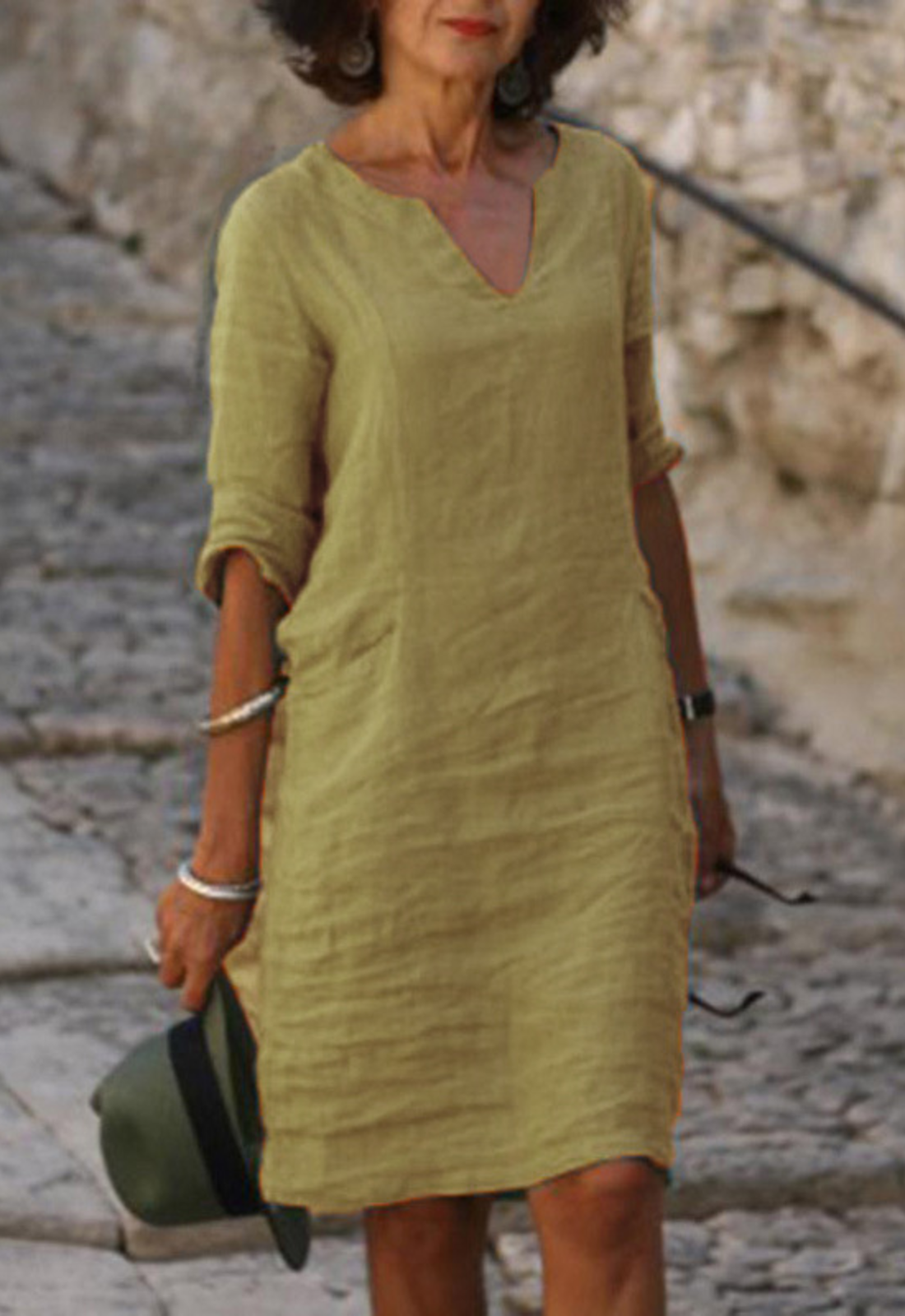 V-Neck Short Sleeve Relaxed Midi Dress – Olive