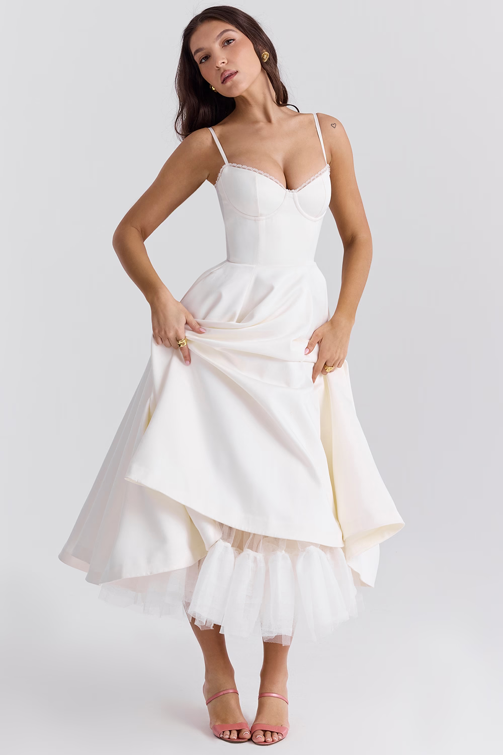 Satin Tulle Skirt Midi Dress with Pockets – view 8