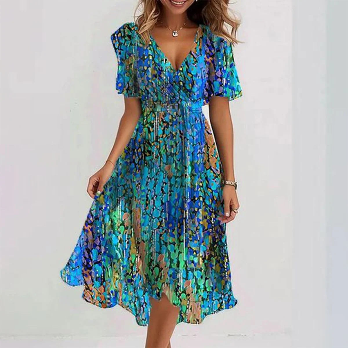 Printed Short Sleeve V-Neck Mini Dress – Blue