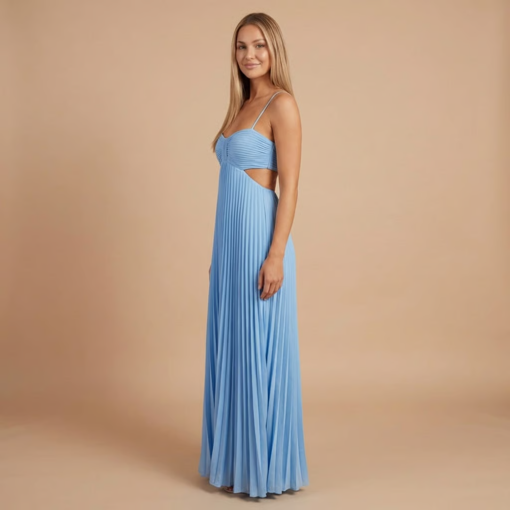 Pleated Halter Cut-Out Maxi Dress in Blue – side view showing waist cut-out