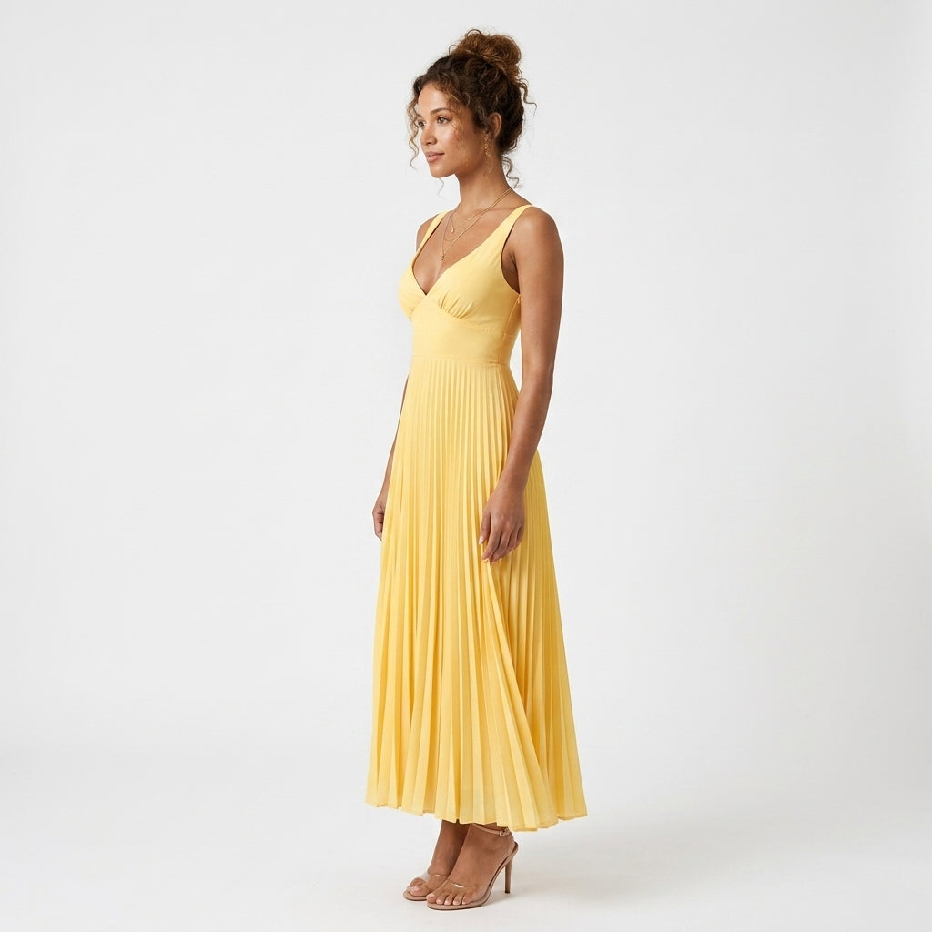 Yellow Pleated V-Neck Maxi Dress – full-length side view
