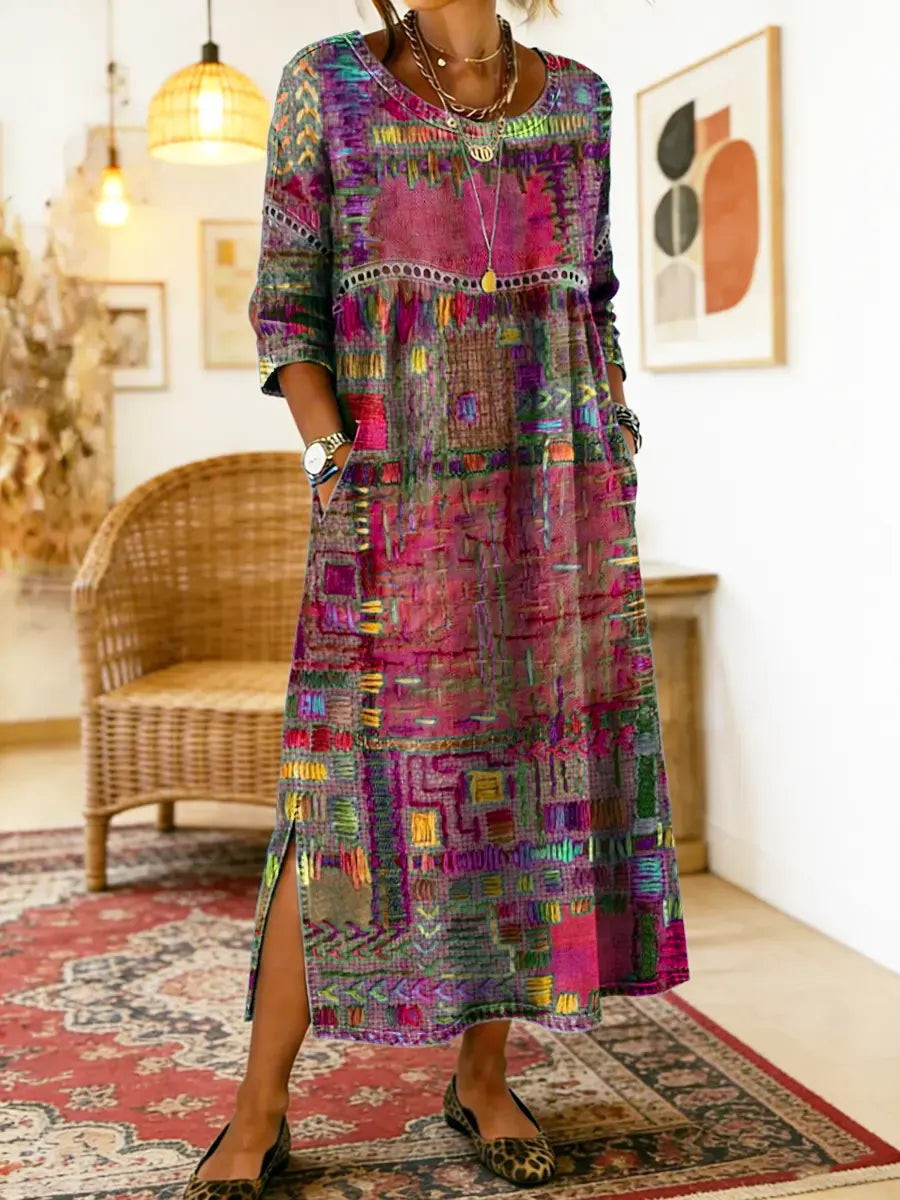 Ethnic Print Patchwork Maxi Dress – Pink