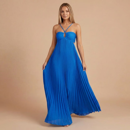 Pleated Halter Cut-Out Maxi Dress in Dark Blue – front view