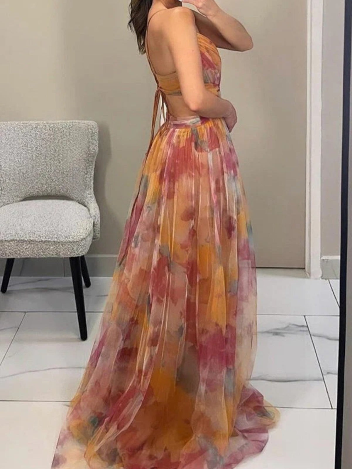 Watercolour Floral V-Neck Maxi Dress in Orange – back view showing tie back