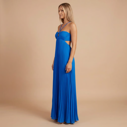 Pleated Halter Cut-Out Maxi Dress in Dark Blue – side view