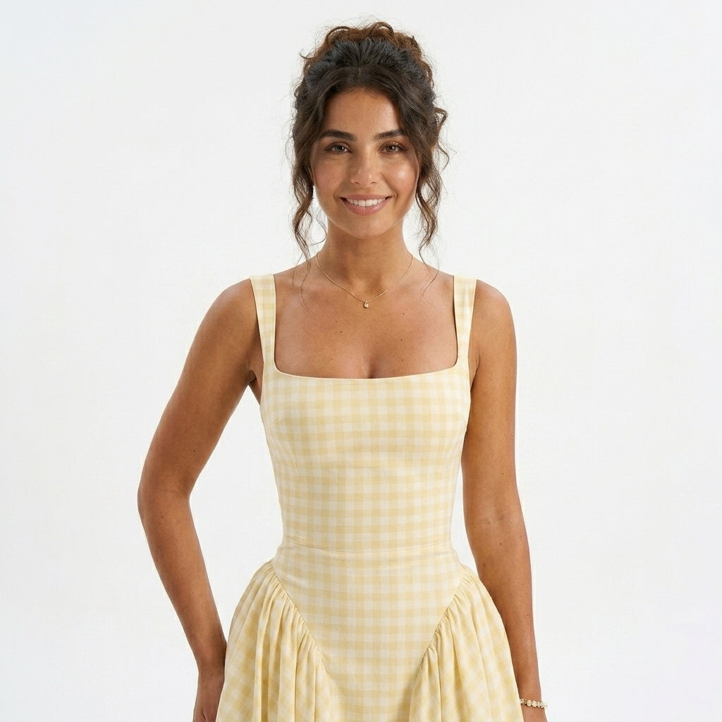 Gingham Square Neck Midi Dress in Yellow – close-up of the square neckline and boned bodice