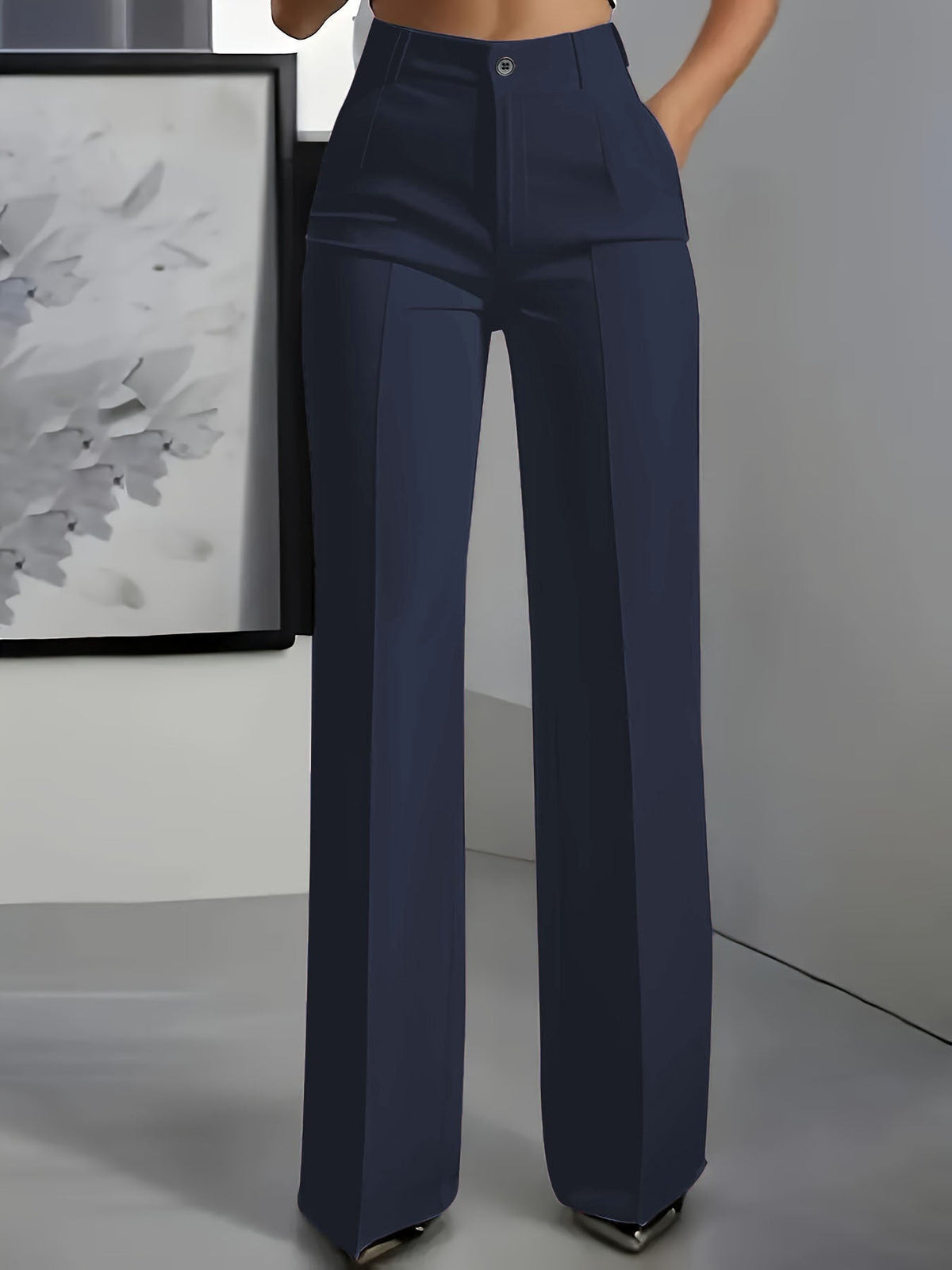 High Waisted Pleated Straight Leg Trousers – Dark Blue
