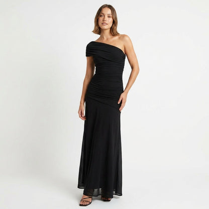 One-Shoulder Gathered Maxi Dress in Black – front view, full length